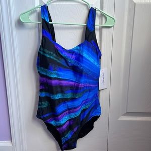 NWT FullFitAll Blue/Black Starburst Squareneck One Piece Swimsuit Sz 10